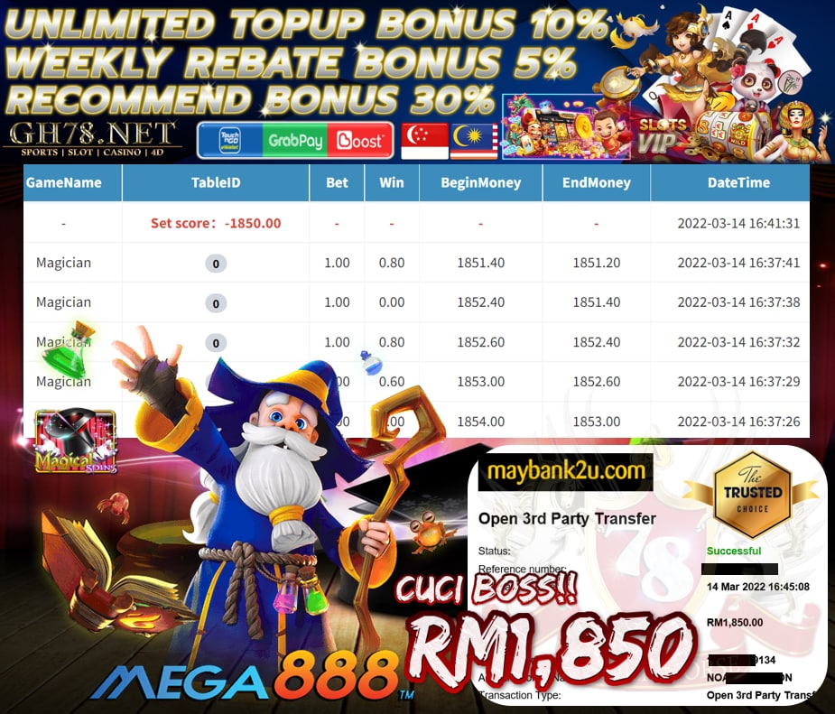 MEGA888 '' MAGICIAN '' CUCI BOSS RM 1,850 ♥