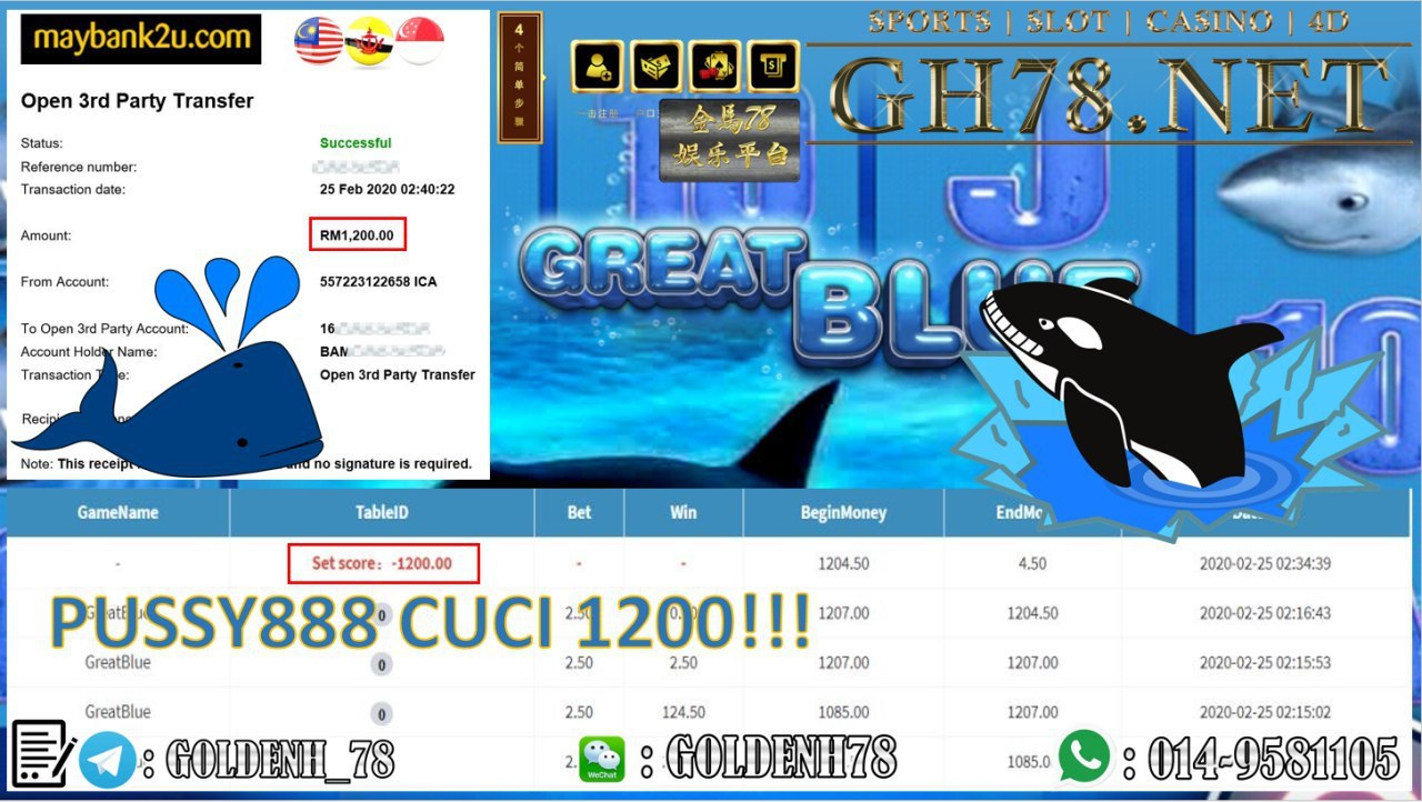 2020 NEW YEAR !!! MEMBER MAIN PUSSY888, GREAT BLUE , WITHDRAW RM1200!!