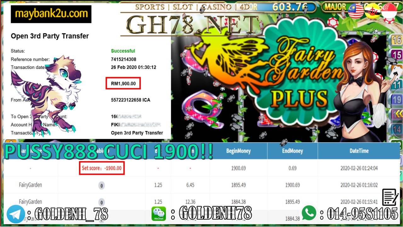 2020 NEW YEAR !!! MEMBER MAIN PUSSY888, FAIRY GARDEN , WITHDRAW RM1900!!!