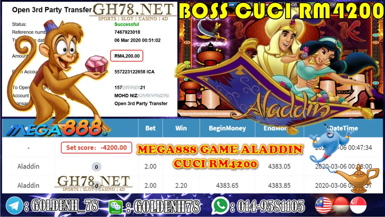 MEMBER MAIN MEGA888 GAME ALADDIN MINTA OUT RM4200!!!! 