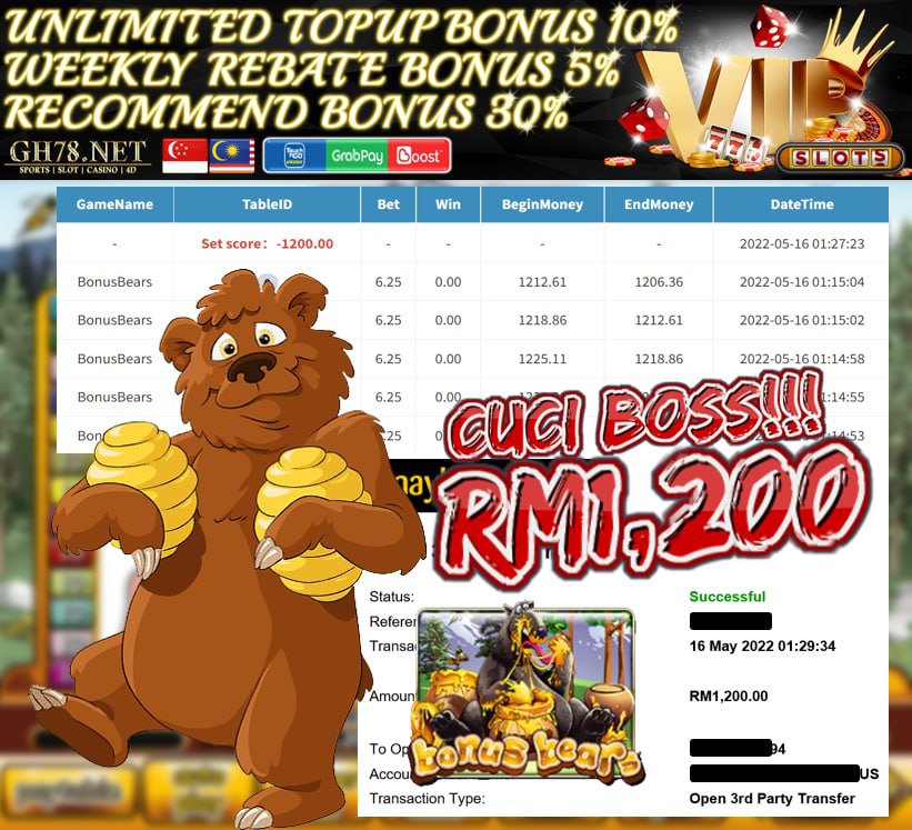 MEGA888 '' BONUS BEARS '' CUCI RM 1,200 ♥