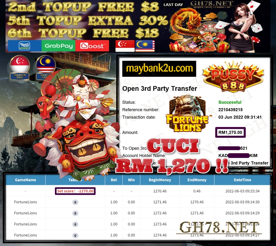 PUSSY888 '' FORTUNE LIONS '' CUCI RM1,270 ♥