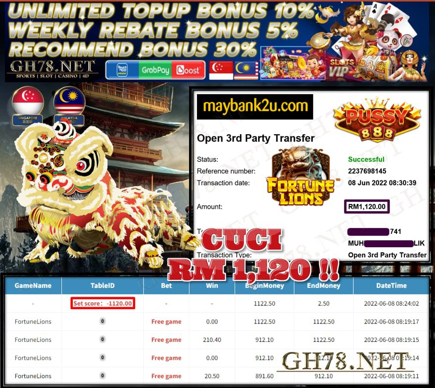 PUSSY888 '' FORTUNE LIONS '' CUCI RM1,120 ♥
