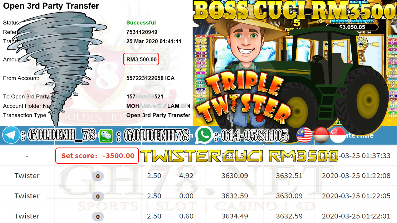 MEMBER MAIN MEGA888 GAME TWISTER MINTA OUT RM3500 !!