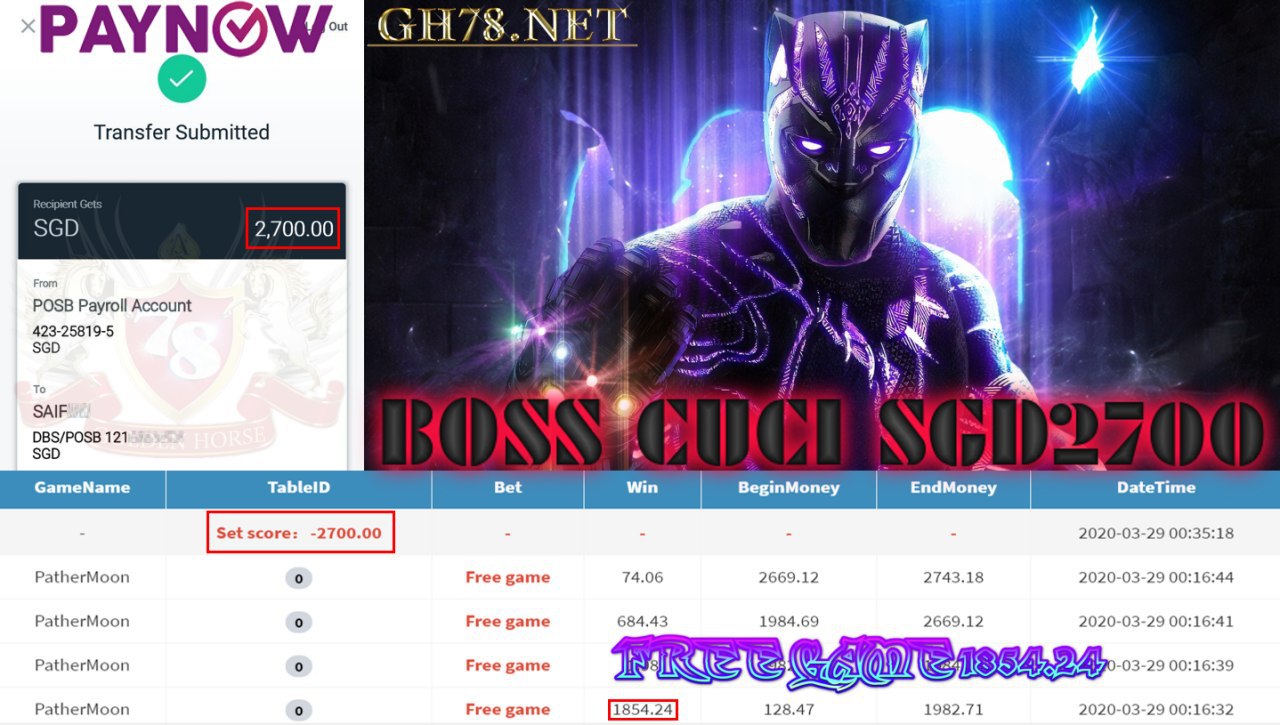 MEMBER MAIN PUSSY888 GAME PANTHER MOON MINTA OUT SGD2700!!!! 