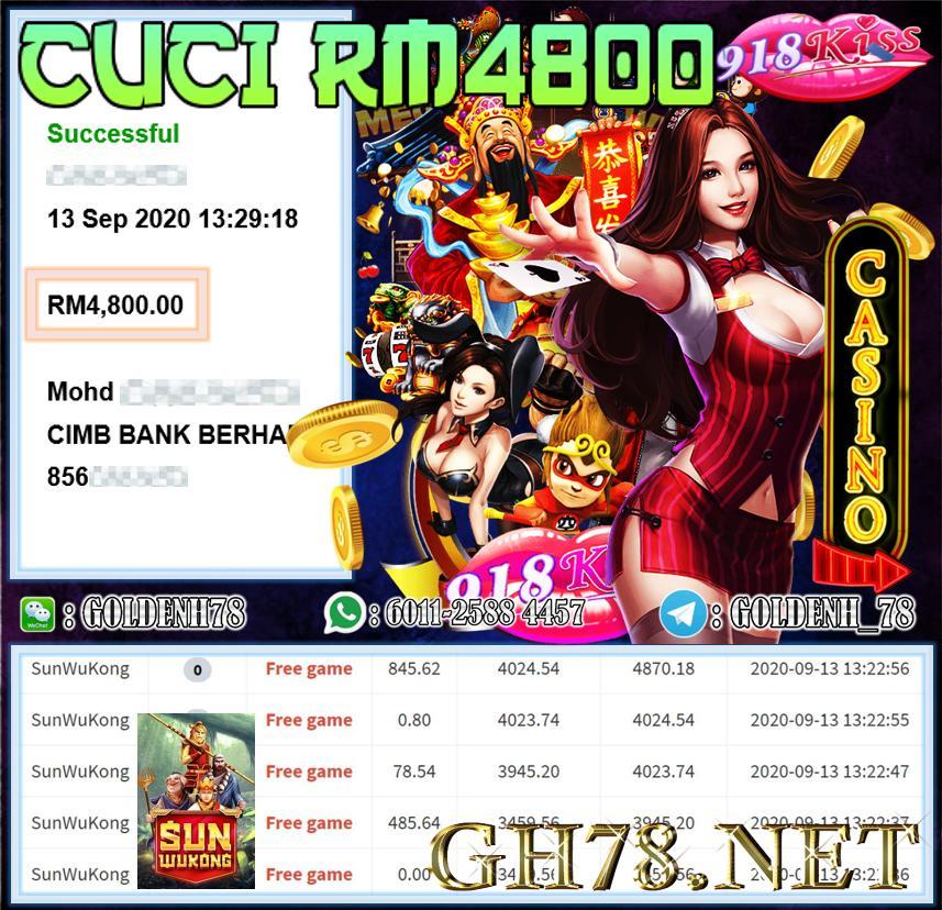 MEMBER MAIN 918KISS SUNWUKONG CUCI RM4800 !!
