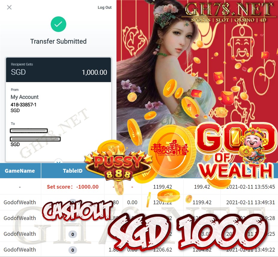 PUSSY888 GOD OF WEALTH GAME CASHOUT $S1000