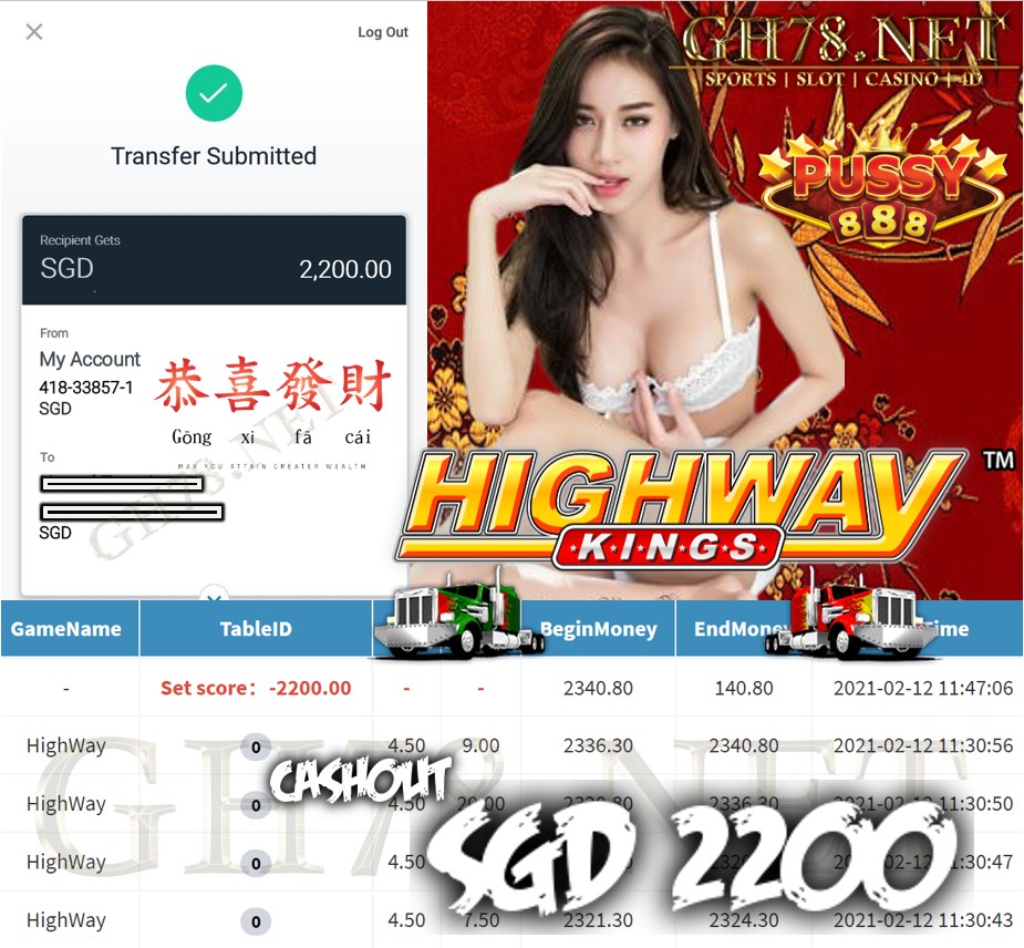 PUSSY888 HIGHWAY KING GAME CASHOUT $S2200
