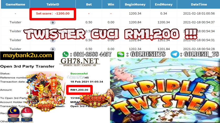 PUSSY888 TRIPLE TWISTER GAME CASHOUT RM1200 JOIN NOW WITH US AT GH78.NET !