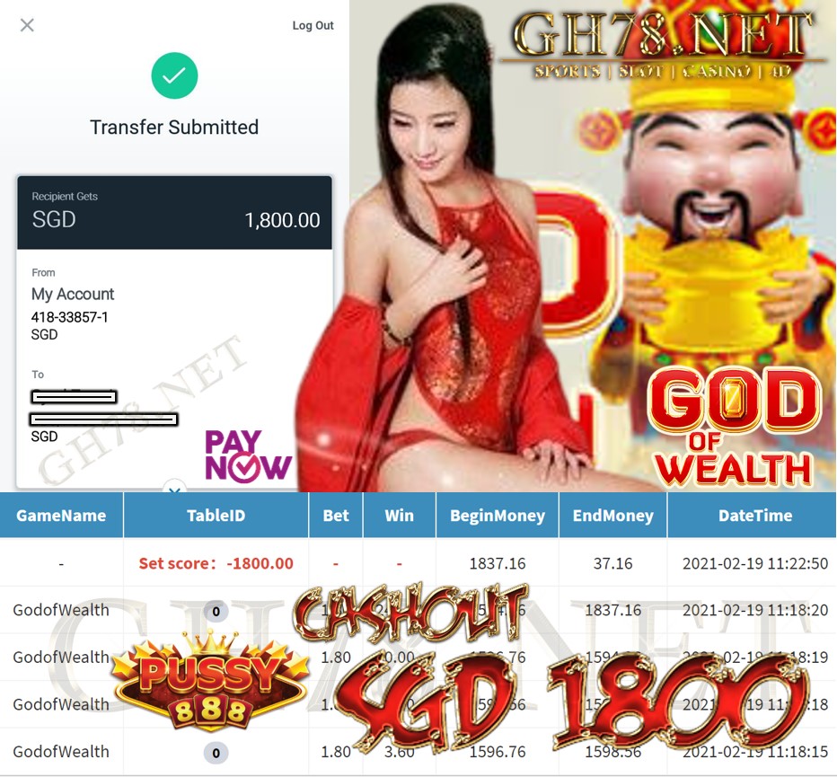 PUSSY888 GOD OF WEALTH GAME CASHOUT $S1800