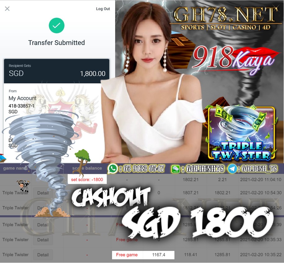 918KAYA TRIPLE TWISTER GAME CASHOUT $S1800