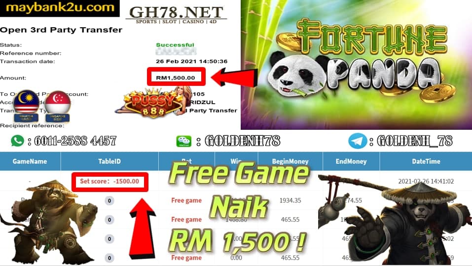 PUSSY888 PANDA FORTUNE GAME CASHOUT RM1500 JOIN NOW WITH US AT GH78.NET !!