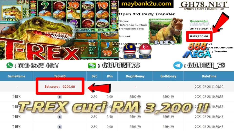 MEGA888 T-REX GAME CASHOUT RM3200 JOIN NOW WITH US AT GH78.NET !!