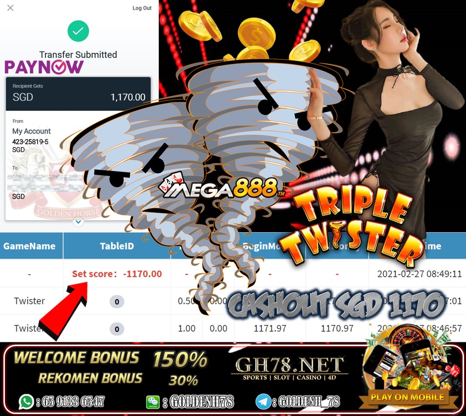 MEGA888 TRIPLE TWISTER GAME CASHOUT SGD1170 JOIN NOW WITH US AT GH78.NET !!