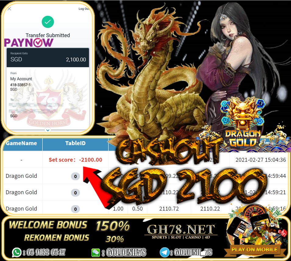 PUSSY888 DRAGON GOLD GAME CASHOUT SGD2100 JOIN NOW WITH US AT GH78.NET !!
