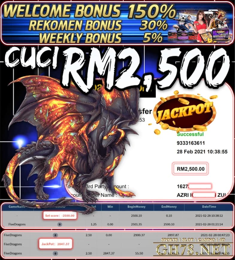 PUSSY888 FIVE DRAGONS GAME CUCI JACKPOT RM2500