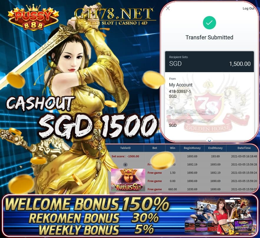 PUSSY888 WARRIOR GOLD CASHOUT $S1500