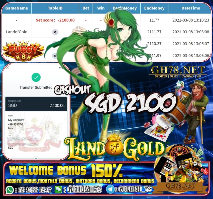 PUSSY888 LAND OF GOLD GAME CASHOUT $2100