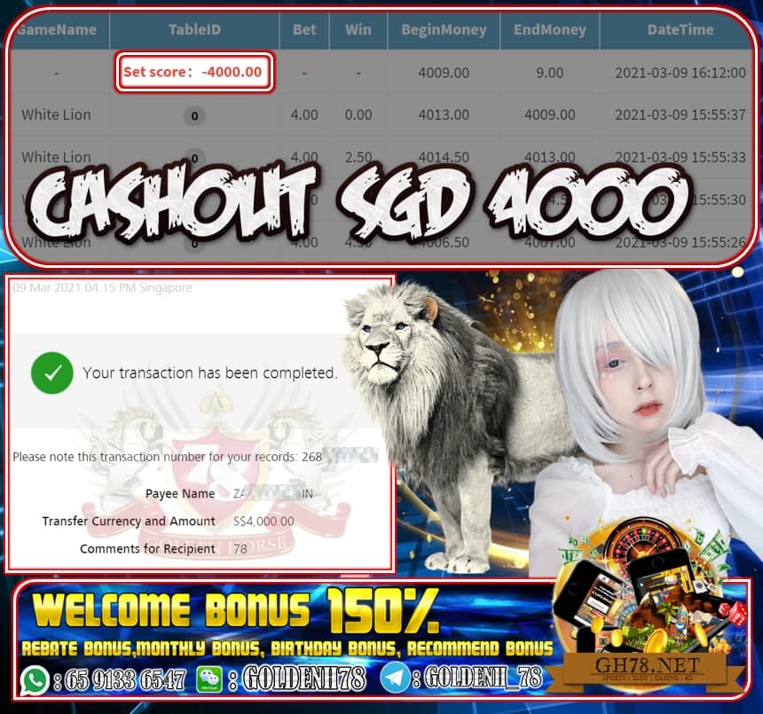 PUSSY888 WHITE LION GAME  CASHOUT SGD4000 JOIN NOW WITH US AT GH78.NET !!