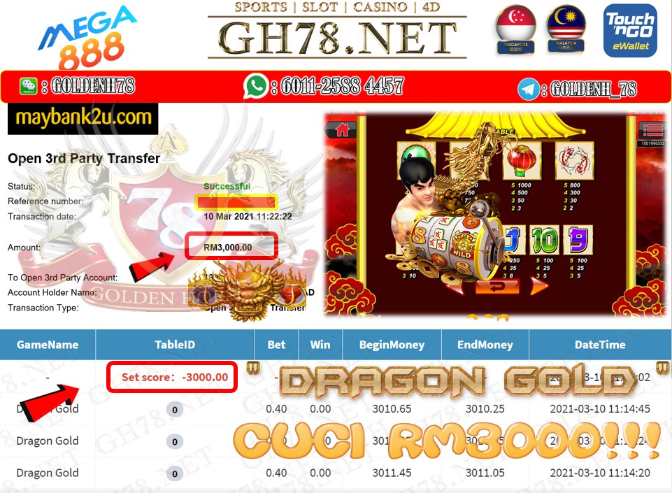 MEGA888 DRAGON GOLD GAME CUCI RM7300 JOIN NOW WITH US AT GH78.NET !!