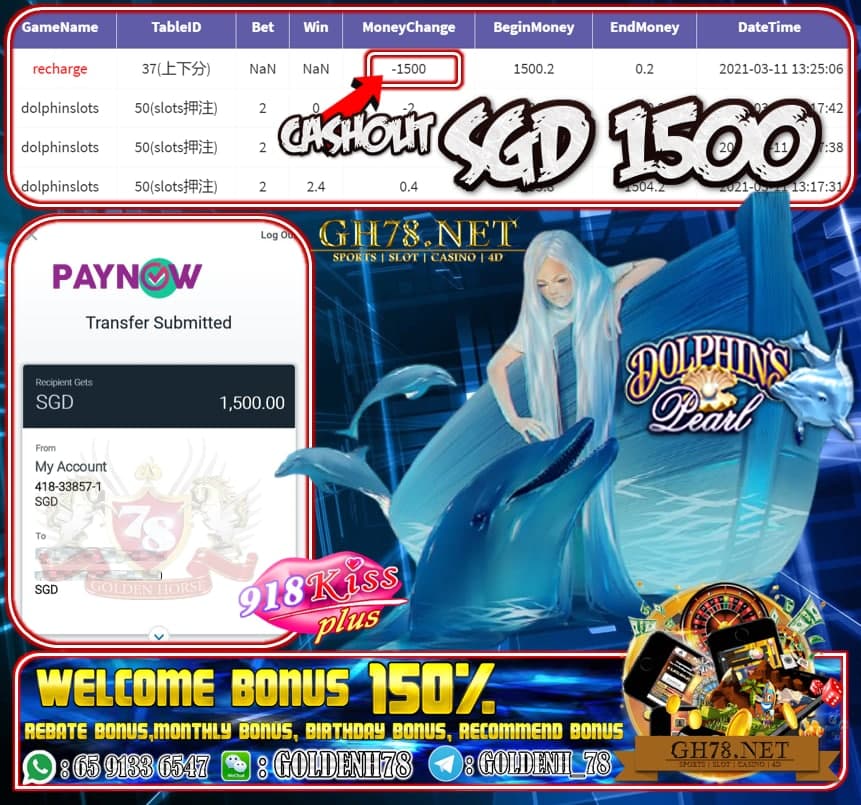 918KISS PLUS DOLPHIN GAME CASHOUT $S1500 JOIN NOW WITH US AT GH78.NET !!