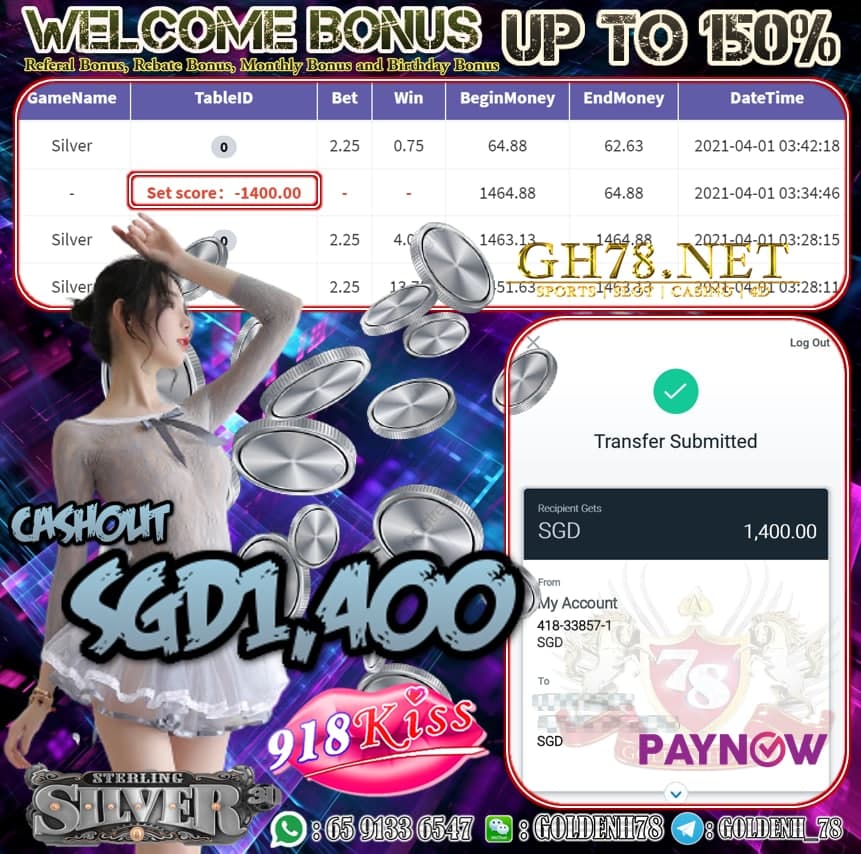 918KISS SILVER GAME CASHOUT S$1,400