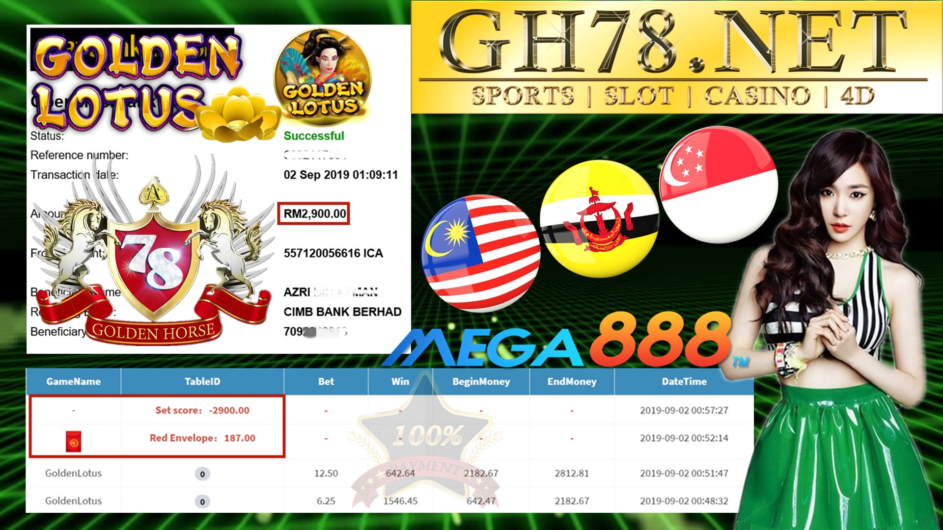 MEMBER MAIN GAME MEGA888 FT.GOLDENLOTUS MINTA OUT RM2,900