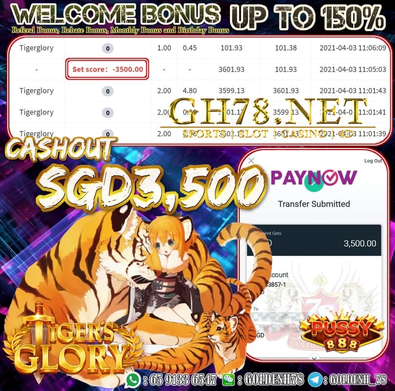 PUSSY888 TIGER GLORY GAME CASHOUT SGD3,500