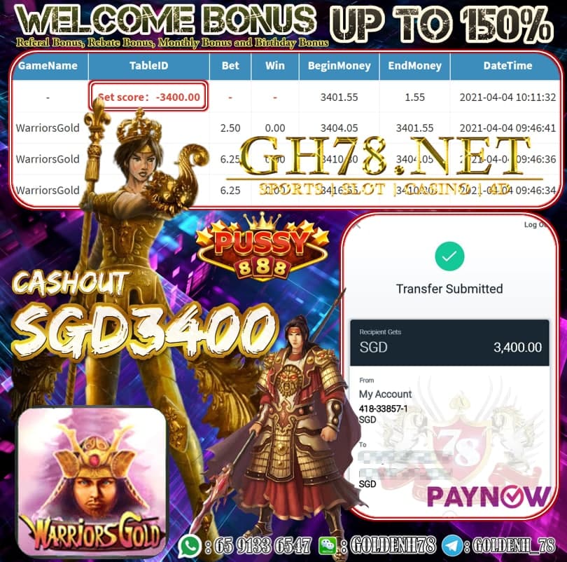 PUSSY888 WARRIORS GOLD GAME OUR MEMBER GETTING CASHOUT SGD3400