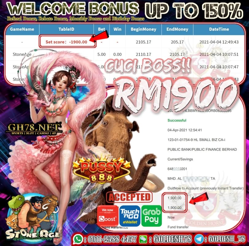 PUSSY888 STONE AGE GAME MEMBER GH78 MINTA CUCI  RM1900