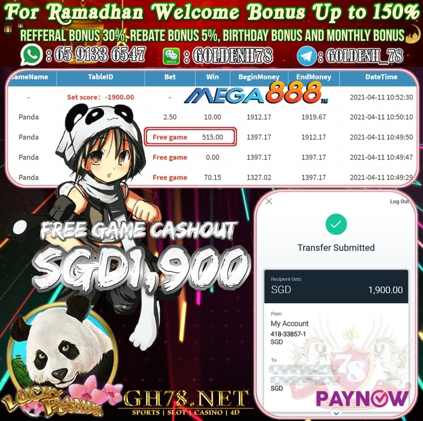 MEGA888 PANDA GAME CASHOUT SGD1,900