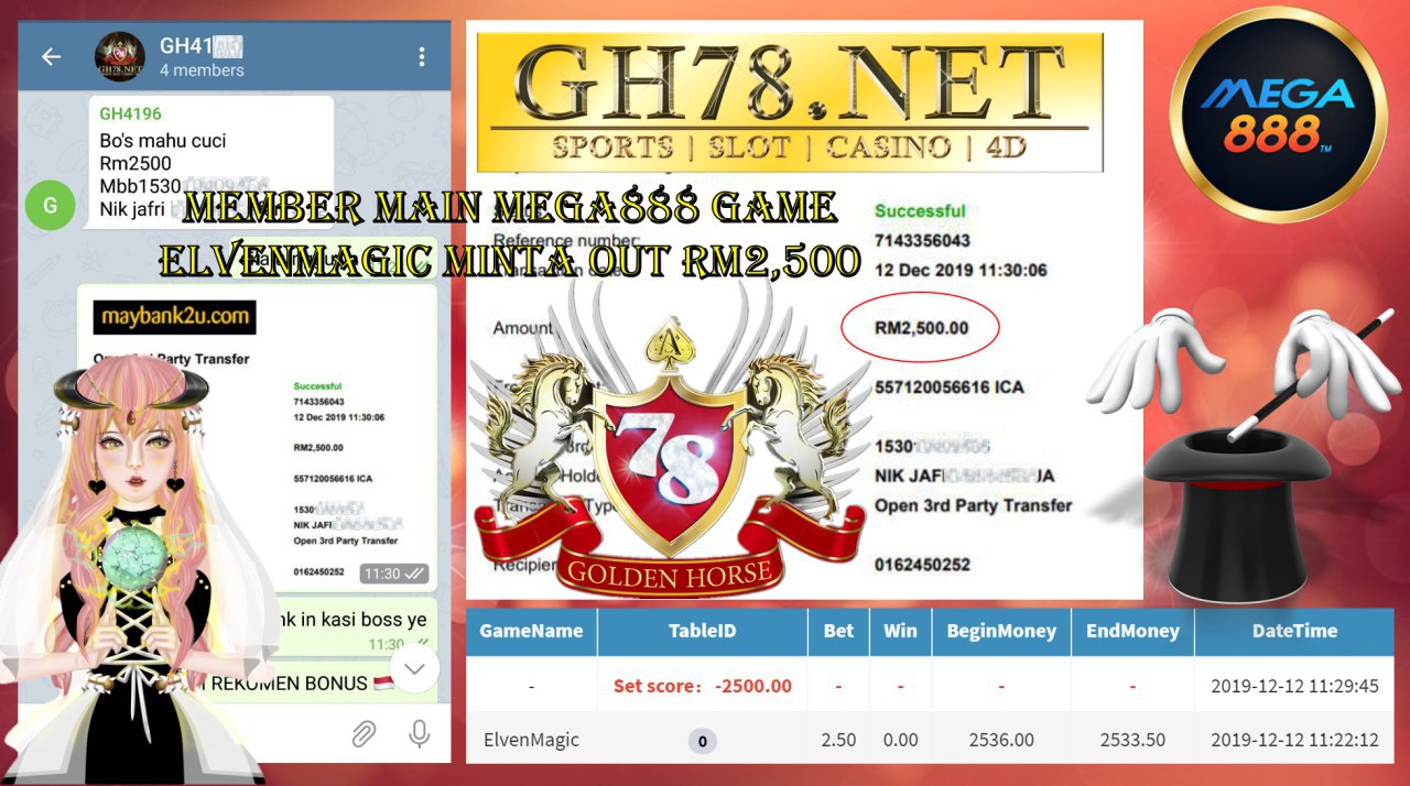 MEMBER MAIN MEGA888 GAME ELVENMAGIC MINTA OUT RM2500 