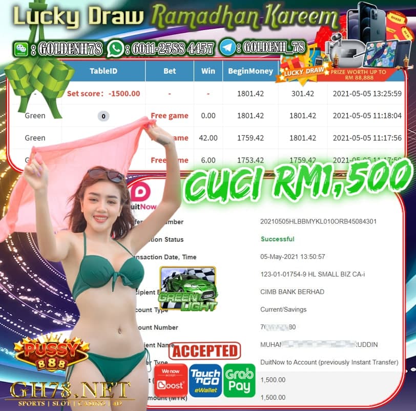 PUSSY888 GREEN GAME CUCI RM1500