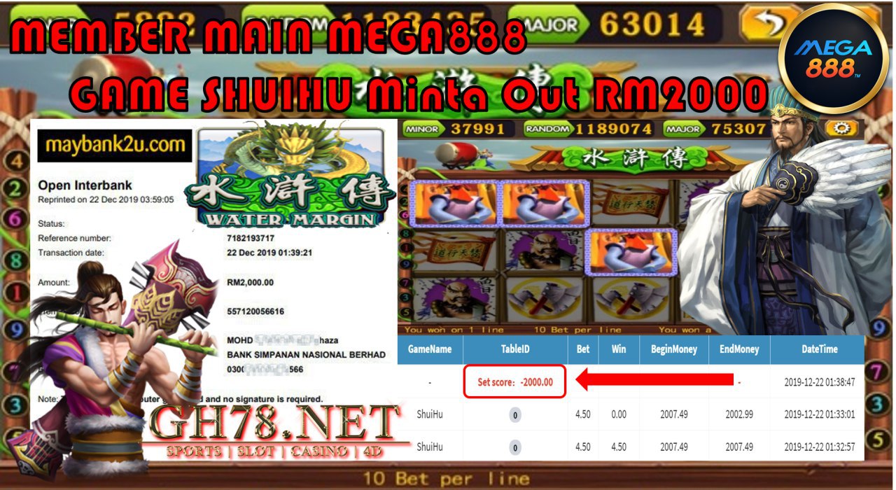 MEMBER MAIN MEGA888 GAME SHUIHU MINTA OUT RM2000!!!! 