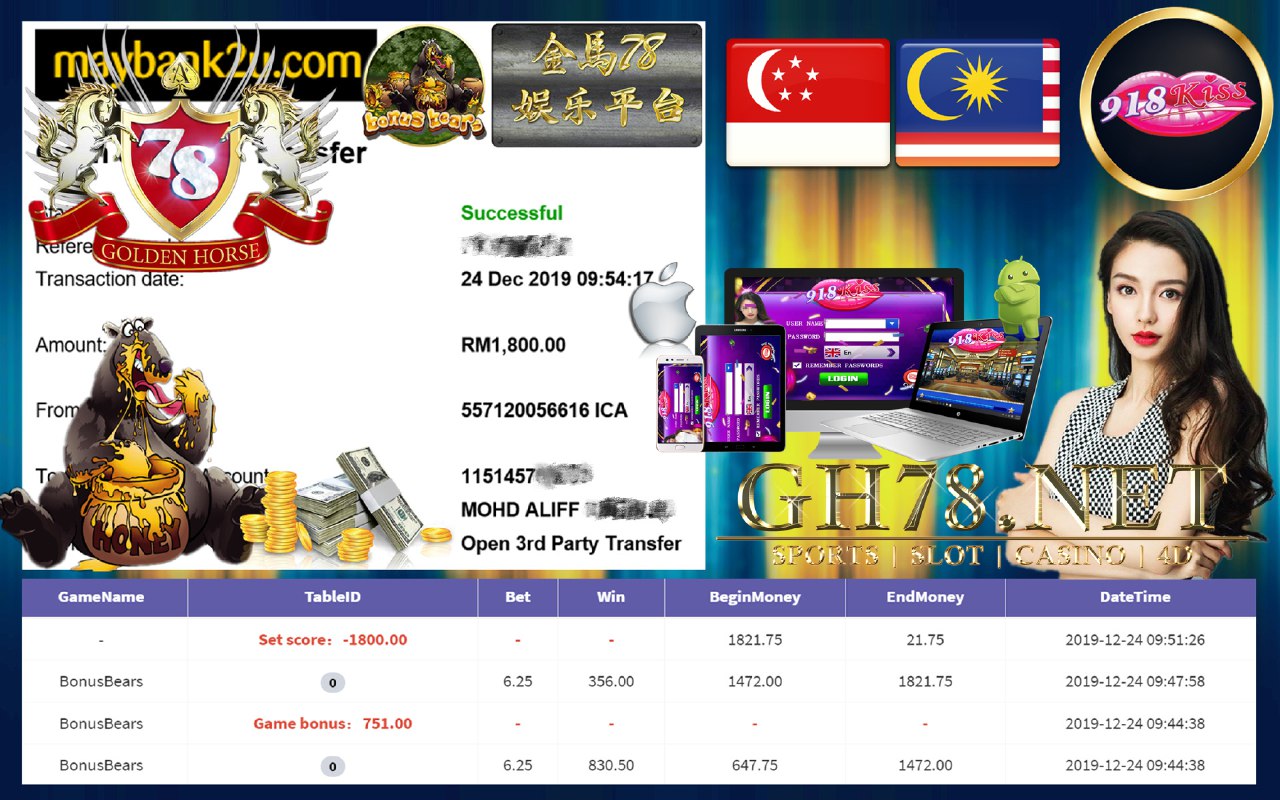 MEMBER MAIN 918KISS GAME BONUSBEARS MINTA OUT RM1800!!!!