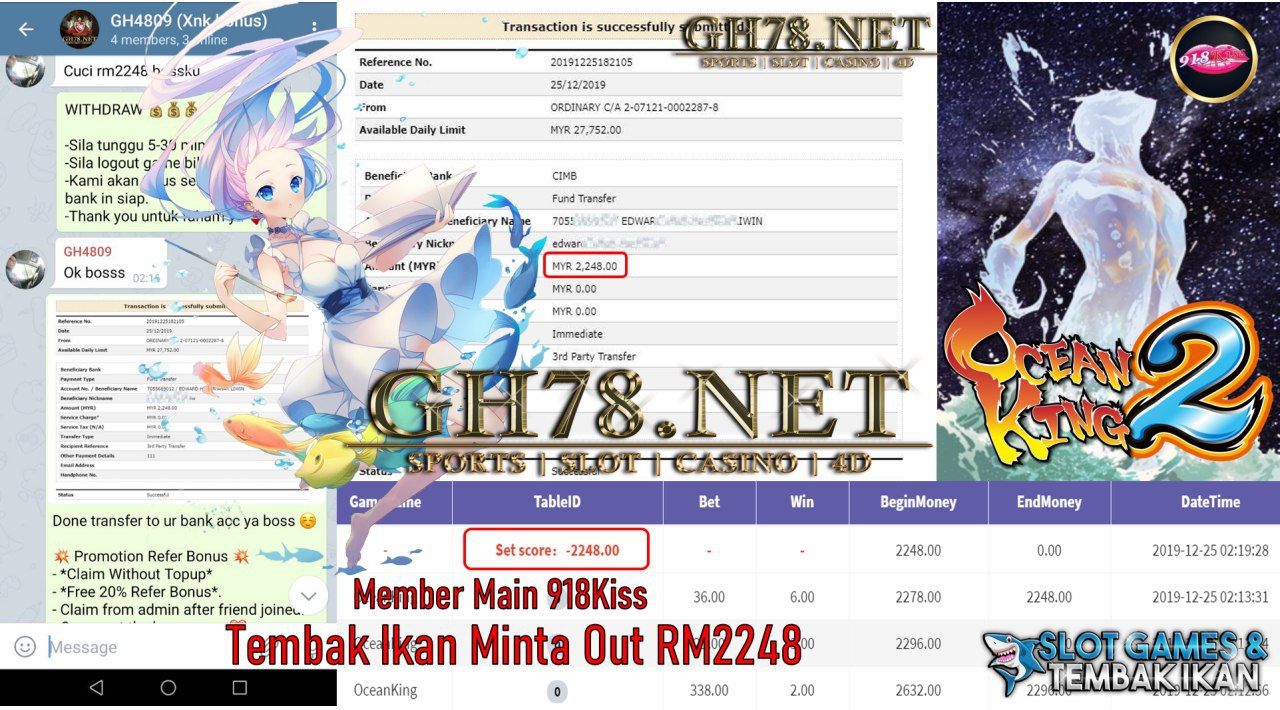 MEMBER MAIN 918KISS GAME OCEANKING MINTA OUT RM2248!!!