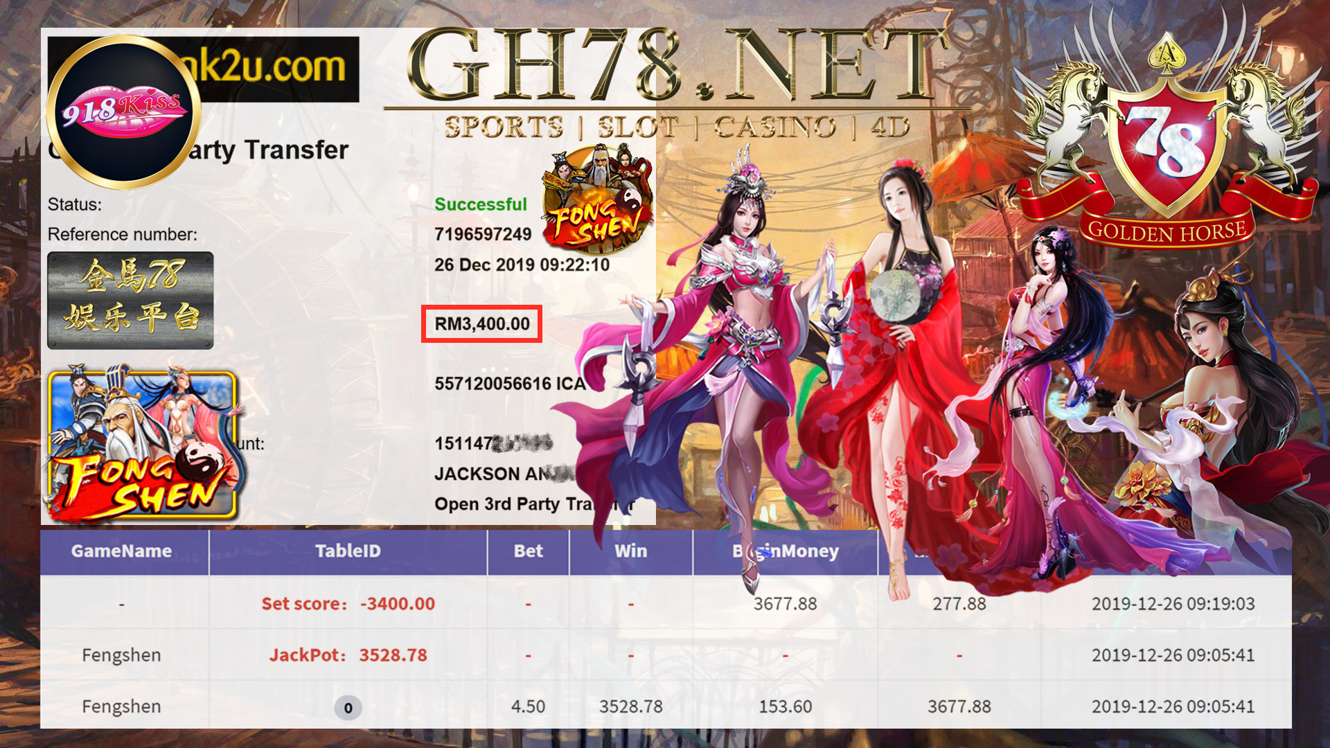 MEMBER MAIN 918KISS GAME FENGSHEN MINTA OUT RM3400!!!
