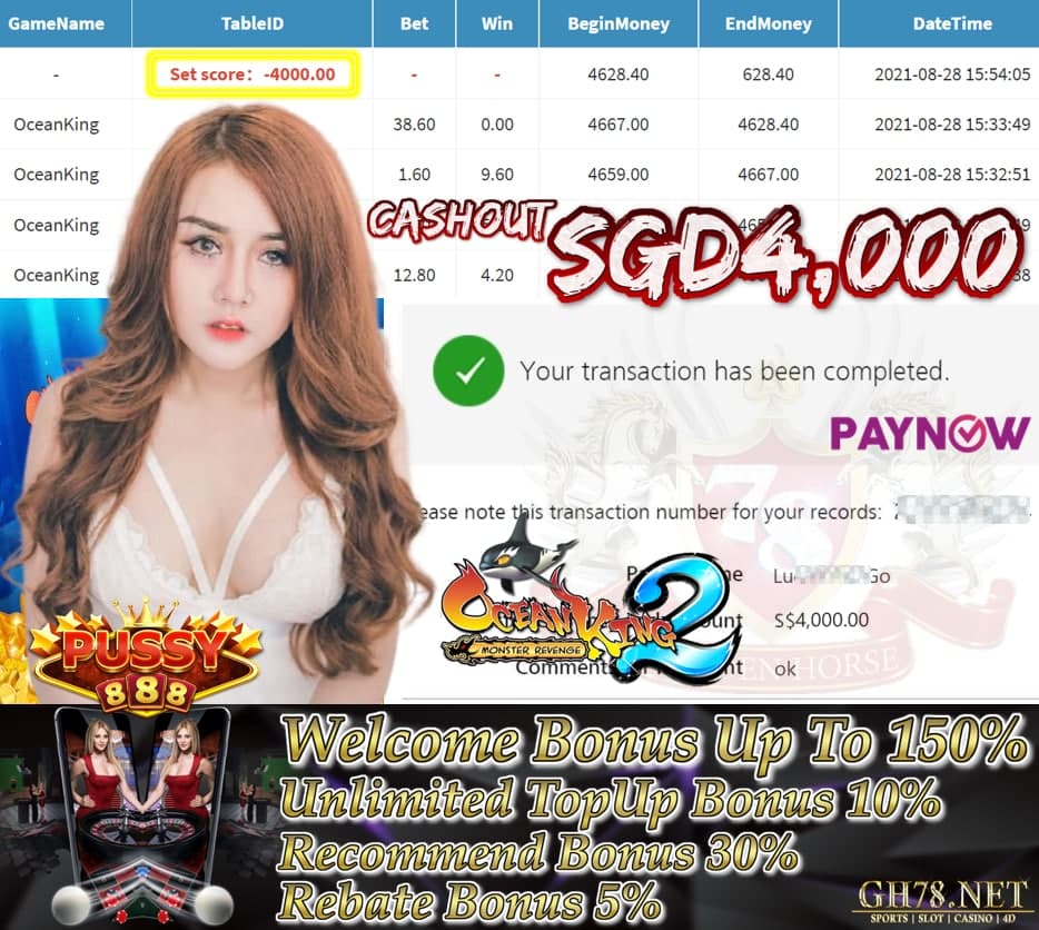 PUSSY888 OCEAN KING GAME CASHOUT $S4000