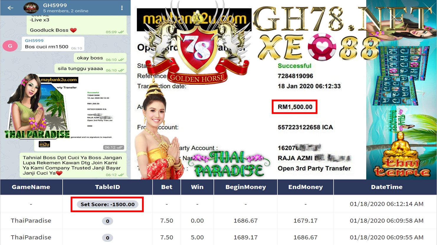 2020 NEW YEAR !!! MEMBER MAIN XE88 FT.THAI PARADISE WITHDRAW RM1500 !!!