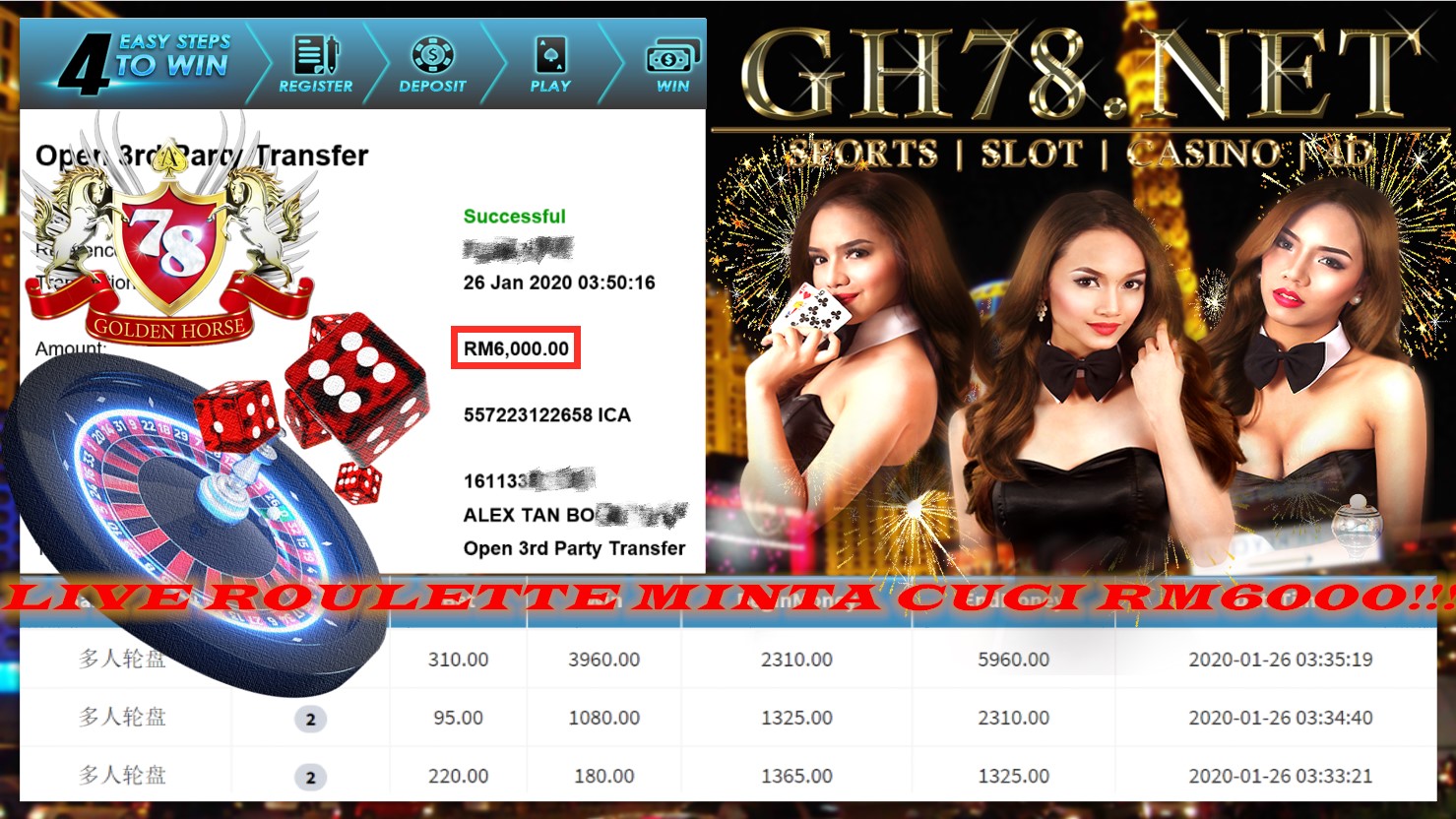2020 NEW YEAR !!! MEMBER MAIN PUSSY888, LIVE ROULETTE ,WITHDRAW RM6000 !!!	