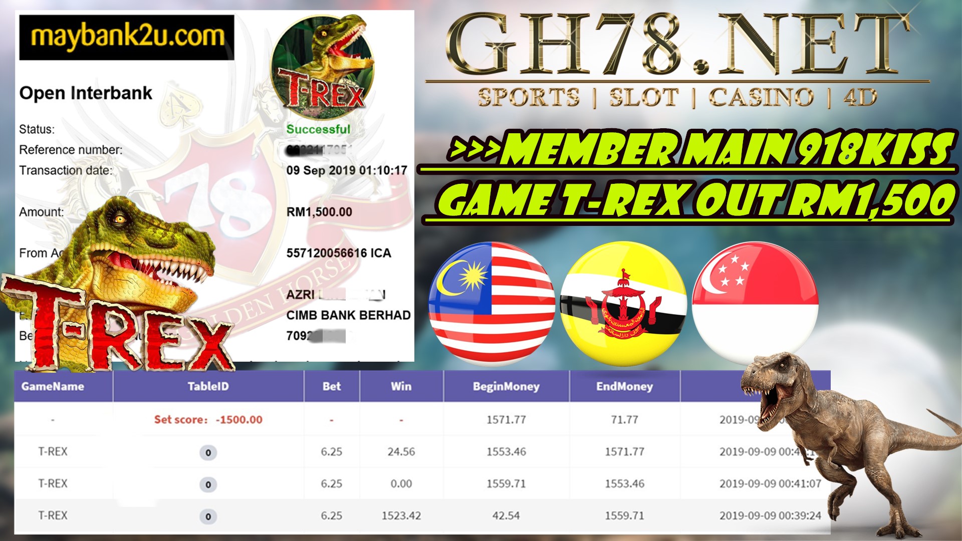 MEMBER MAIN GAME 918KISS FT.T-REX MINTA OUT RM1,500