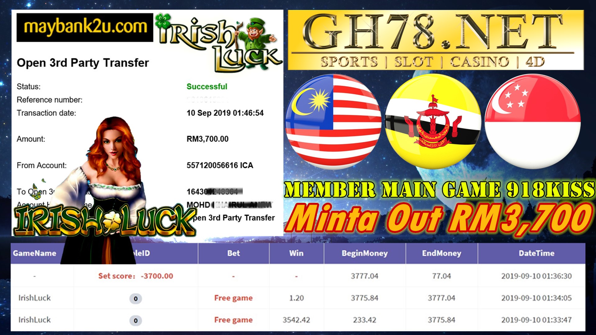 MEMBER MAIN GAME 918KISS FT.IRISHLUCK MINTA OUT RM3,700