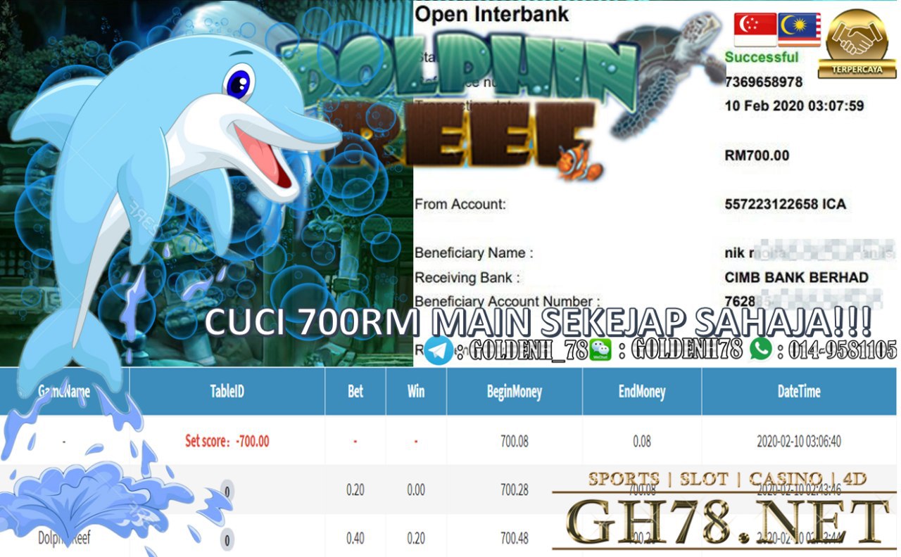2020 NEW YEAR !!! MEMBER MAIN SERVER PUSSY888 , GAME DOLPHIN REEF , WITHDRAW RM700 !!!